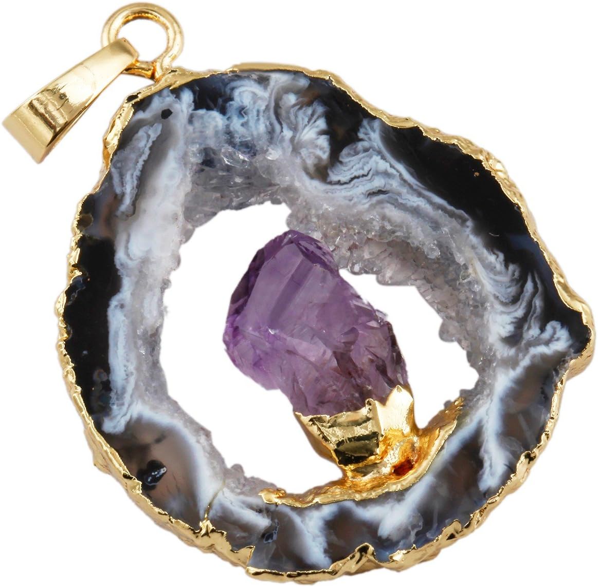 Irregular Natural Crystal Quartz Agate Druzy Geode Slice Pendant for Necklace,with Amethyst in Center, 0.5"-1.2"