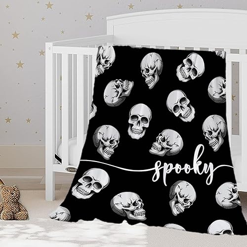 YeeJu Manta de Halloween para niños, manta de calavera espeluznante negra, manta pequeña para niños y niñas, cama de bebé, decorativa, suave,