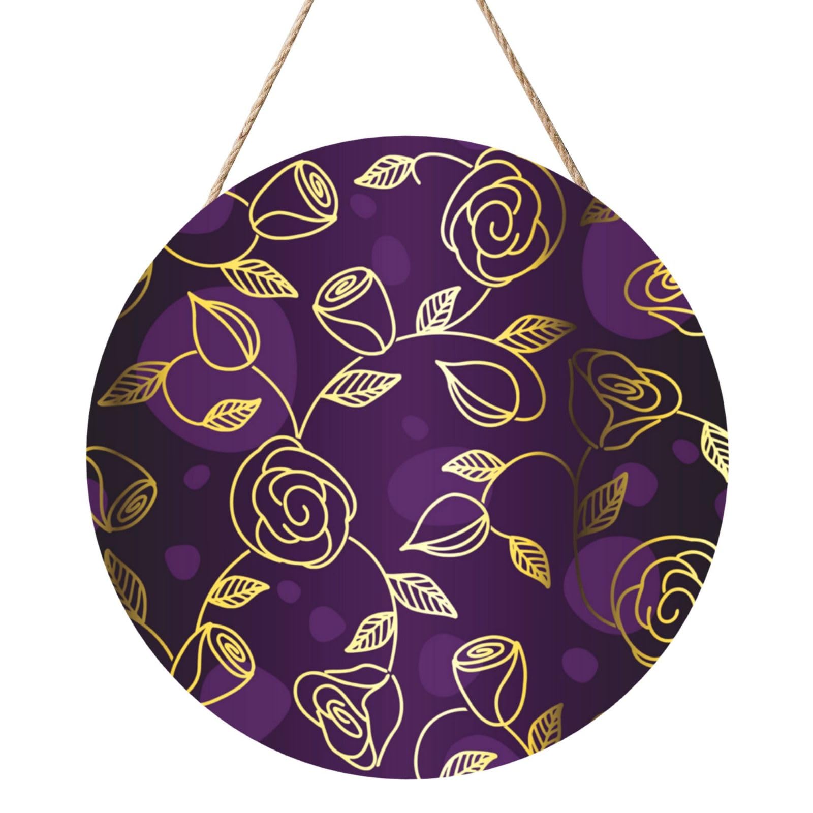InOmak Gold-Purple Rose, Round Wood Panel Painting 12 in, Wall Hanging Painting For Home