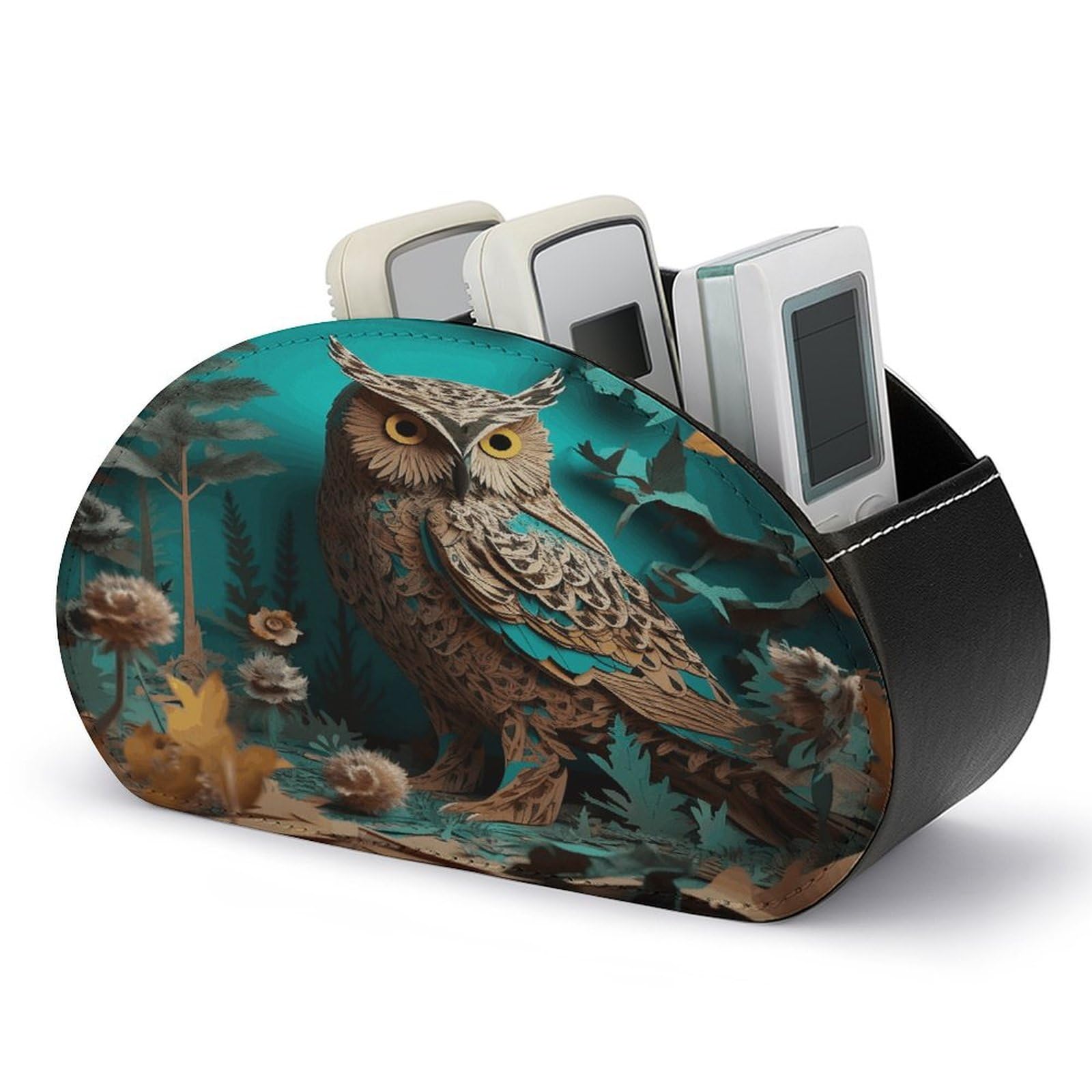 VstaDank Owl Remote Control Holder with 5 Compartments Pu Leather TV Remote Caddy Storage Box Desktop Organizer Store Controller DVD Brush Pens Glasses&Office Supplies