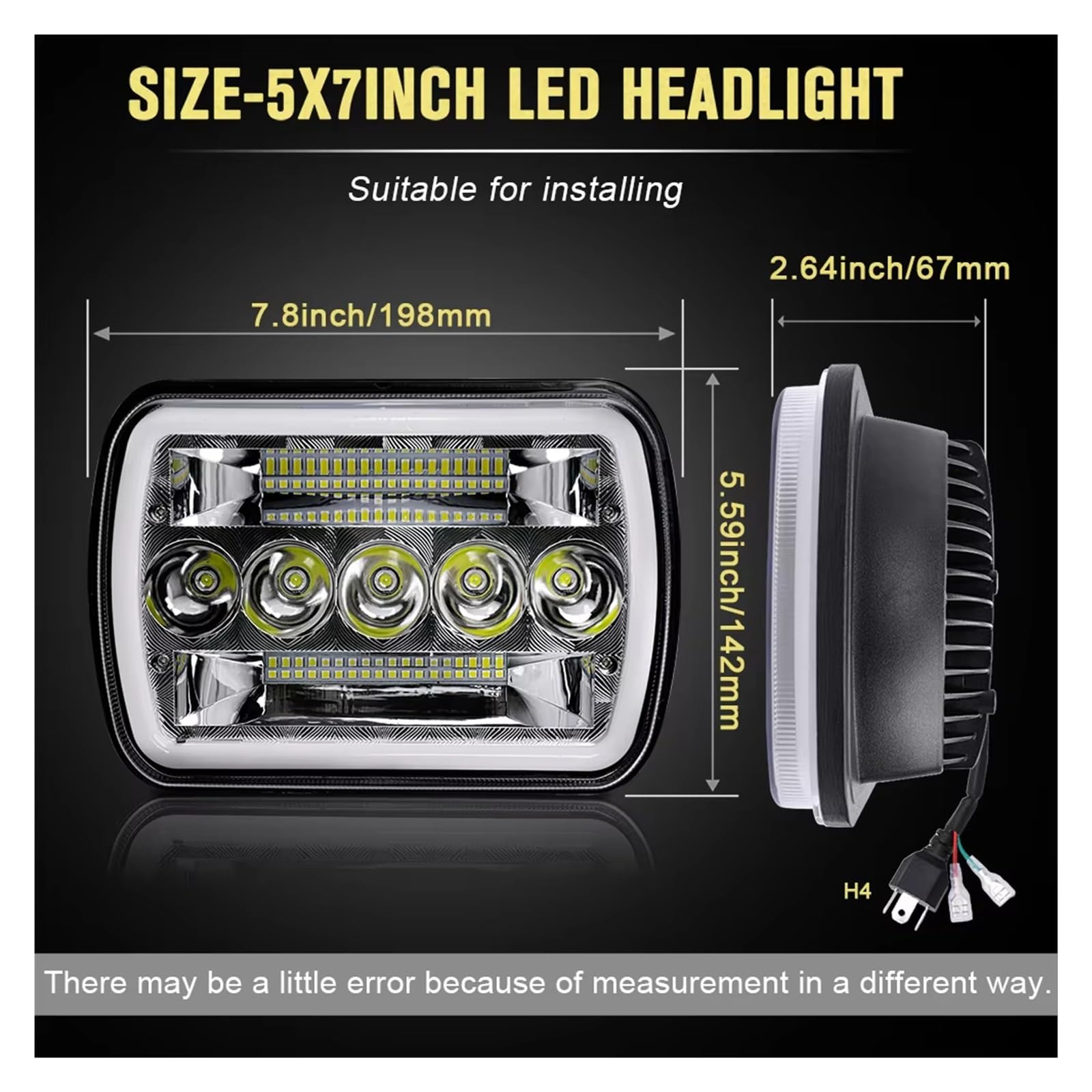 FARO PRINCIPAL Faro Led Cuadrado 7x6 '', 5x7 Pulgadas, Haz Alto-bajo, Señal Giro Halo DRL Para Motocicleta, Todoterreno, Furgoneta, 12V, 24V Faros Delanteros