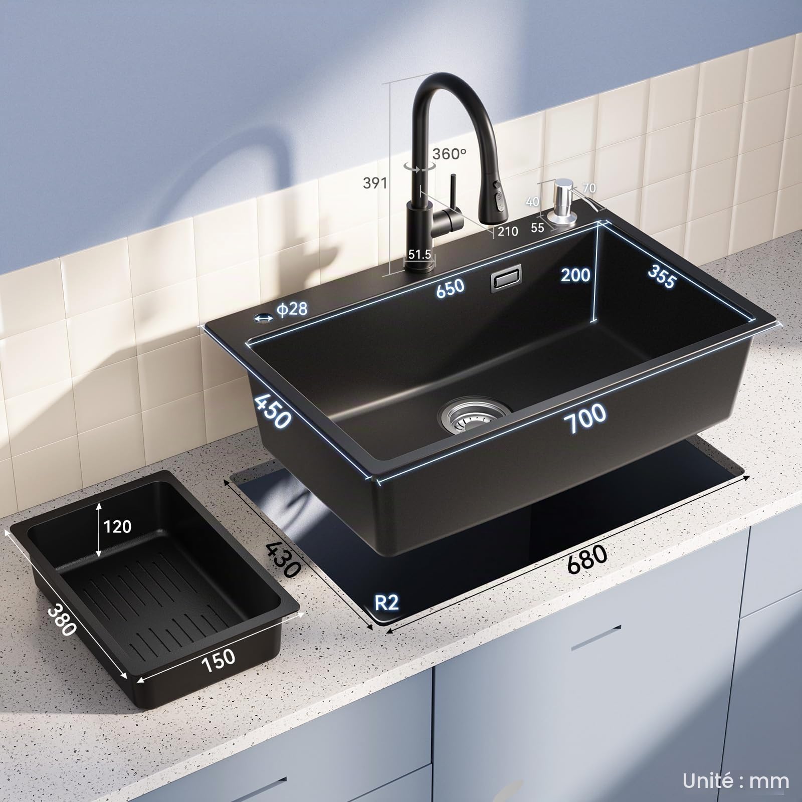 CECIPA Évier de cuisine noir 70 x 45 x 20 cm avec robinet extensible et distributeur de savon, évier en granit avec garniture d'écoulement et de trop-plein, 1 bac encastrable à partir de 80 cm de