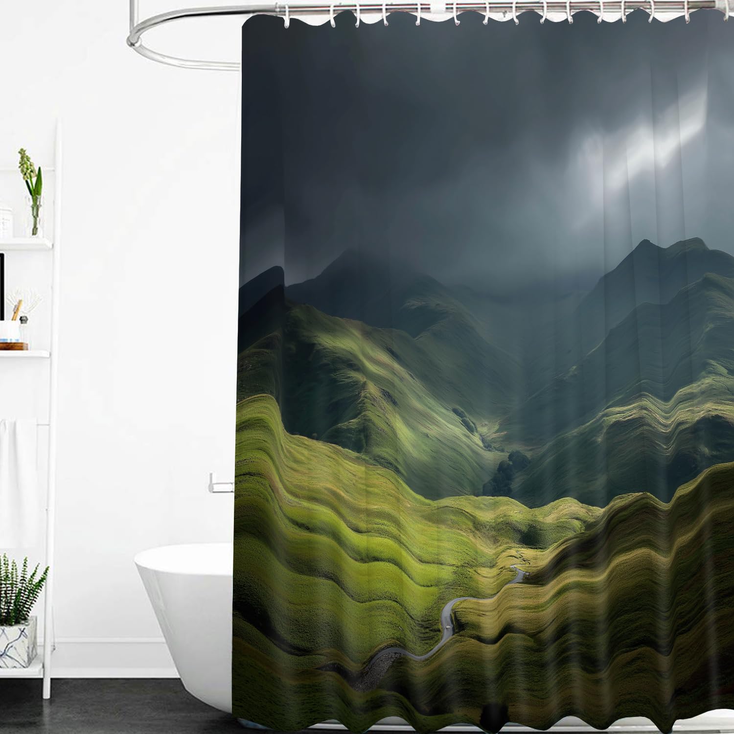 Cortina de Ducha de Montaña,Diseño de Valle y Arroyo,Impermeable,con Ganchos de Plástico,Paisaje Natural para Decoración de Baño de Estilo Rústico,240Anx200Alcm (1 Panel)