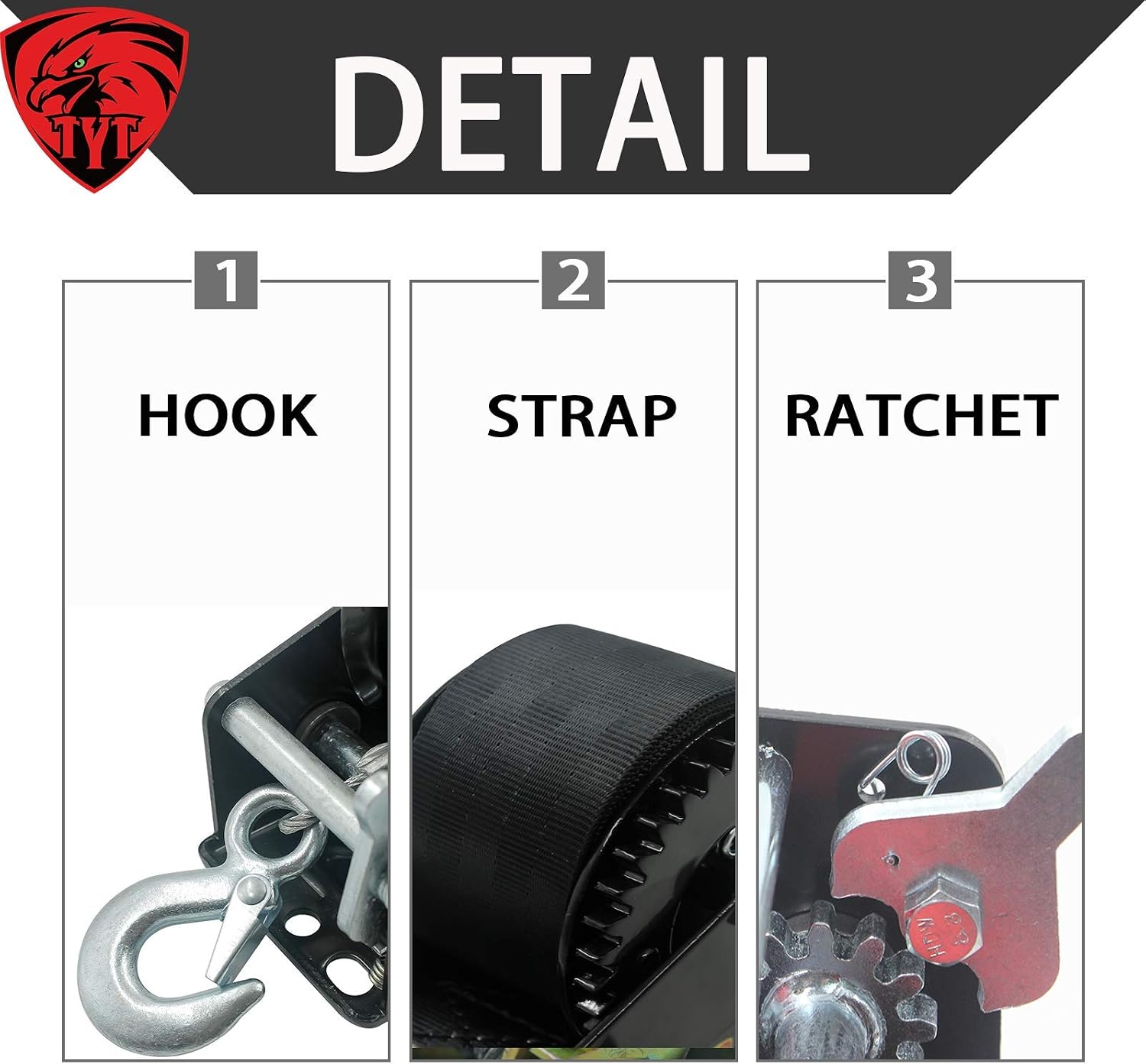 Exclusive Special TYT New 3500lbs Capacity Heavy Duty Hand Winch, Boat Winch with 10M(33 ft) Black Nylon Strap and Winch Hook, 2 Gear Manual Hand Crank for ATV Boat Trailer Truck Auto Pulling (All Black)