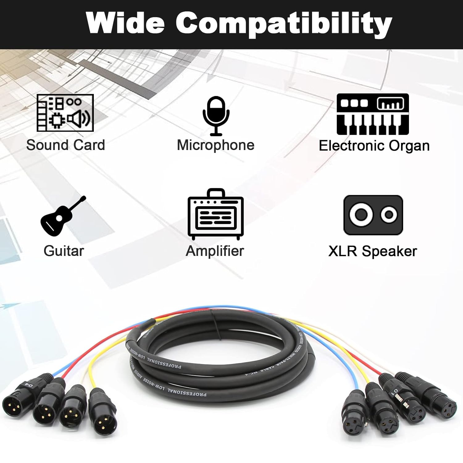Jamesin 4 Channel XLR Cables 15 Feet Male to Female Snake Cable with Digital Label and Color Coded Microphone Audio Cable for Stage and Recording Studio, Can Be Used with Any Device