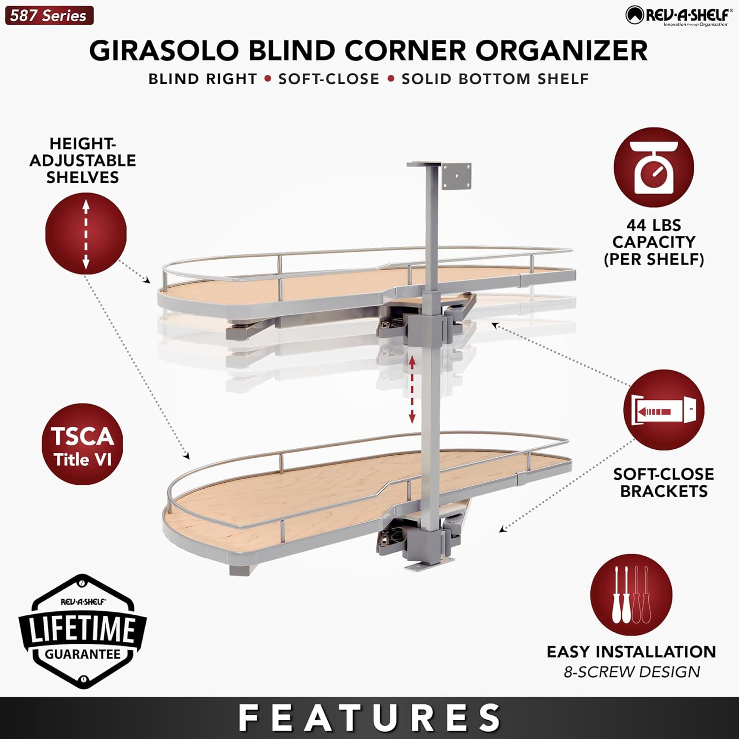Rev-A-Shelf Maple Two-Tier Girasolo w/Soft Close and Chrome Accents for 18" Left Opening/Blind Right Corner cabinets
