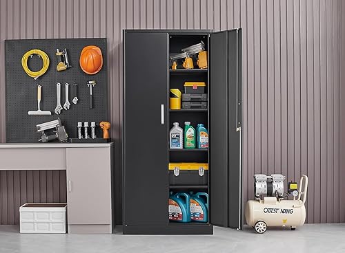 Vista 2 de Armario de almacenamiento de metal con estantes ajustables, gabinetes de almacenamiento de garaje con puertas y estantes, archivadores para oficina