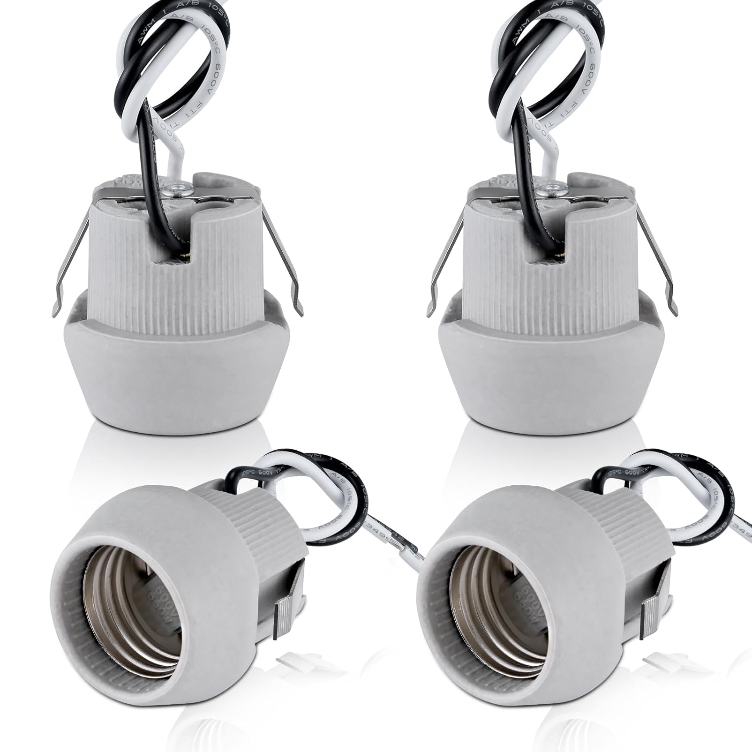 E26 Porcelain Keyless Light Socket,Heat Resistant Socket with Double Snap-in Clip Embedded UL Listed Screw Lamp Holder (4)