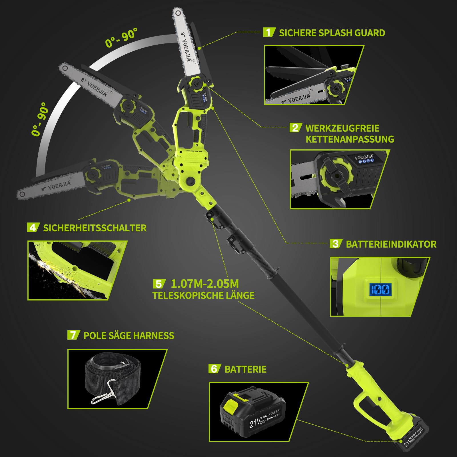 VOERJIA Élagueuse sur Perche 2-en-1 avec Mini Tronçonneuse 6” & 8”, Extension Jusqu’à 4,9 m, Moteur Brushless, 2×4.0Ah Batteries, Tronçonneuse Électrique Sans Fil pour Coupe Branches et Jardin