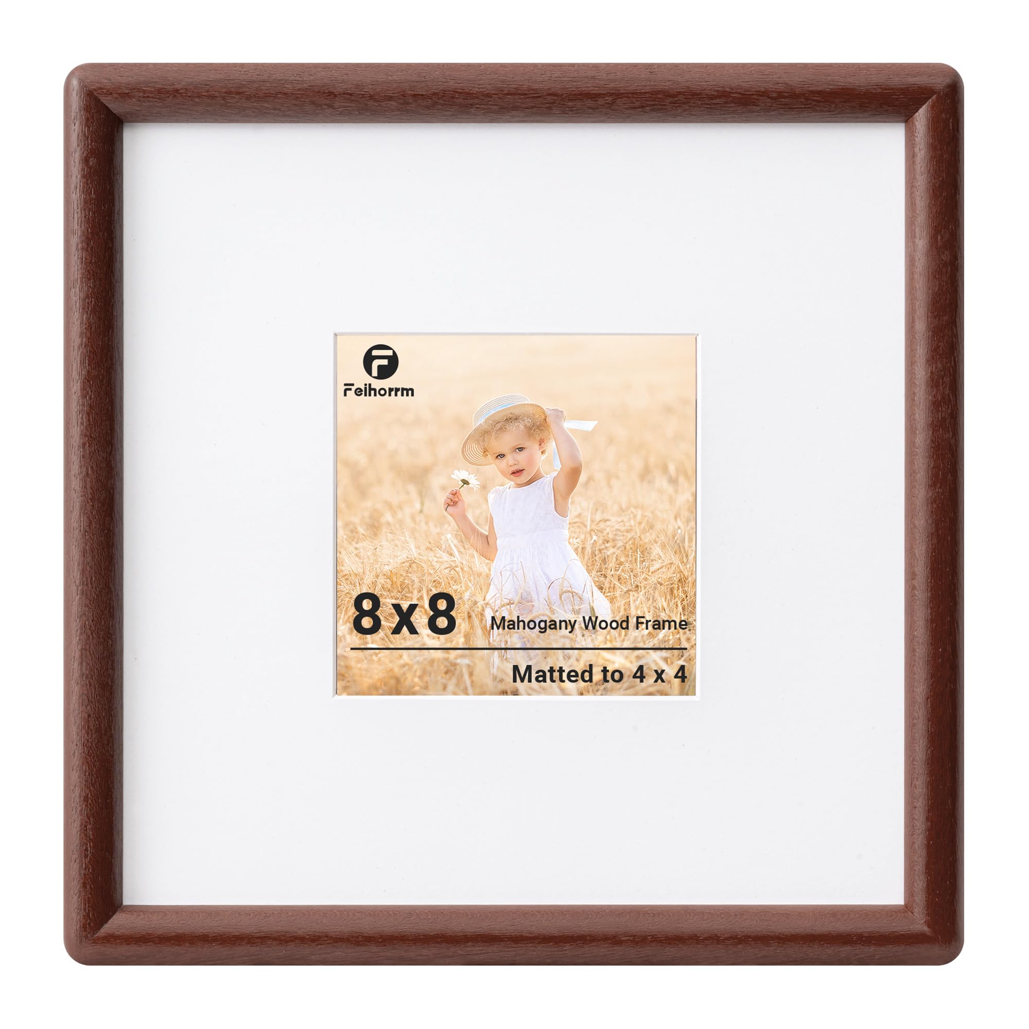 Feihorrm 8x8 Photo Frame, Mahogany Solid Wood Picture Frames, 20x20 Square Frames, 8x8 Frame Matted to 4x4 Photos, Handcrafted Rounded Corners with HD Tempered Glass, Tabletop & Wall Mount Display