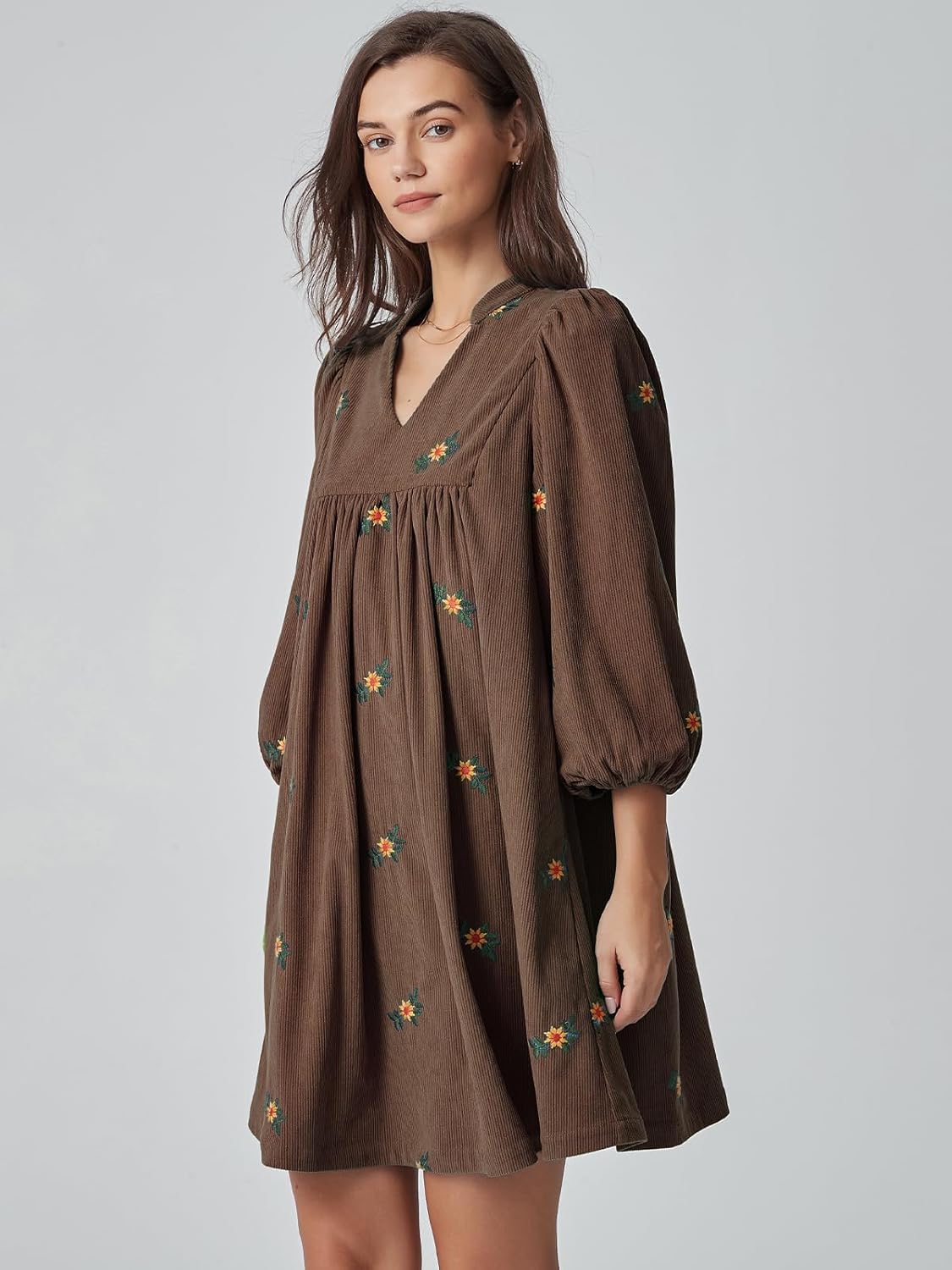 Corduroy Dress Women Embroidered Fall Winter Empire Waist V Neck Babydoll Mini Dress with Pockets - Image 3