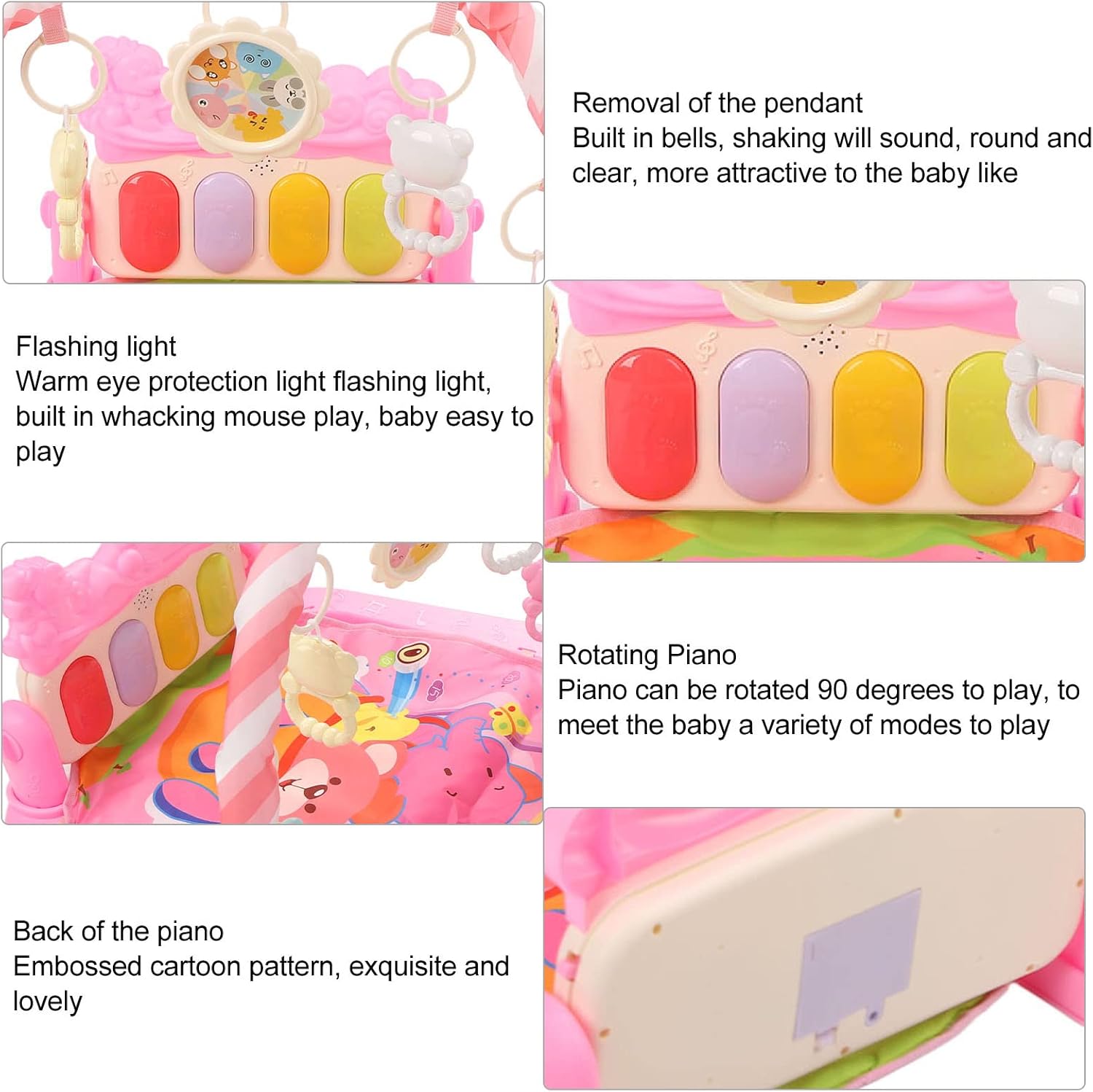 Baby Kick Piano Mat, Soft Light Cartoon Animal Pattern, High Elastic Foam Rack for Promote Infant Development, Soothing, Sleeping, Pink, 75 x 54 x 38cm