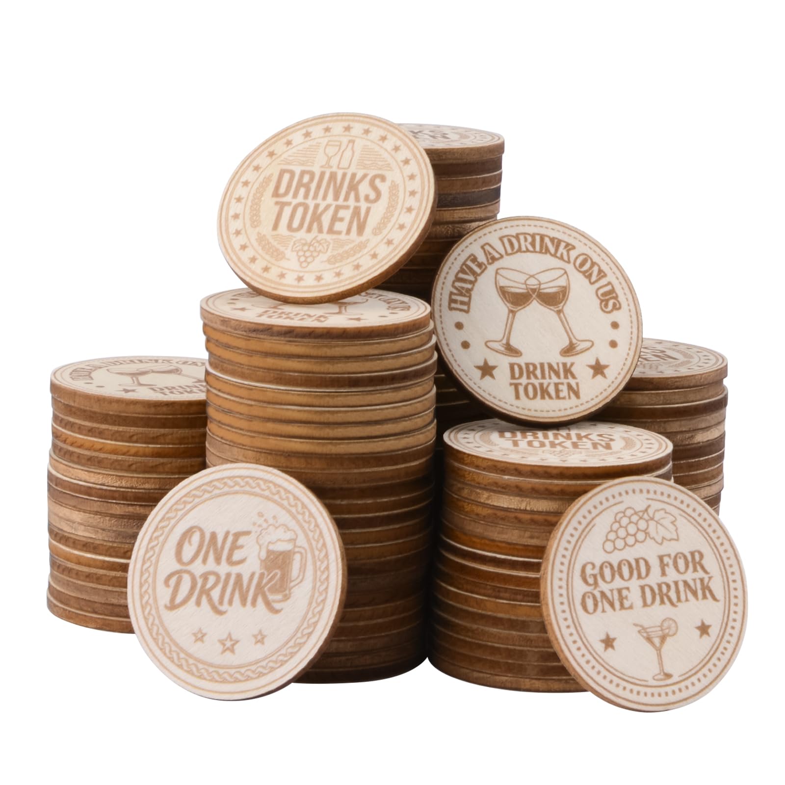 WANDIC 200 PCS Wooden Drink Tokens Bulk 4 Styles Personalized Round Token with Bags Reusable Drink Tickets for Wedding Bars Cafes Events