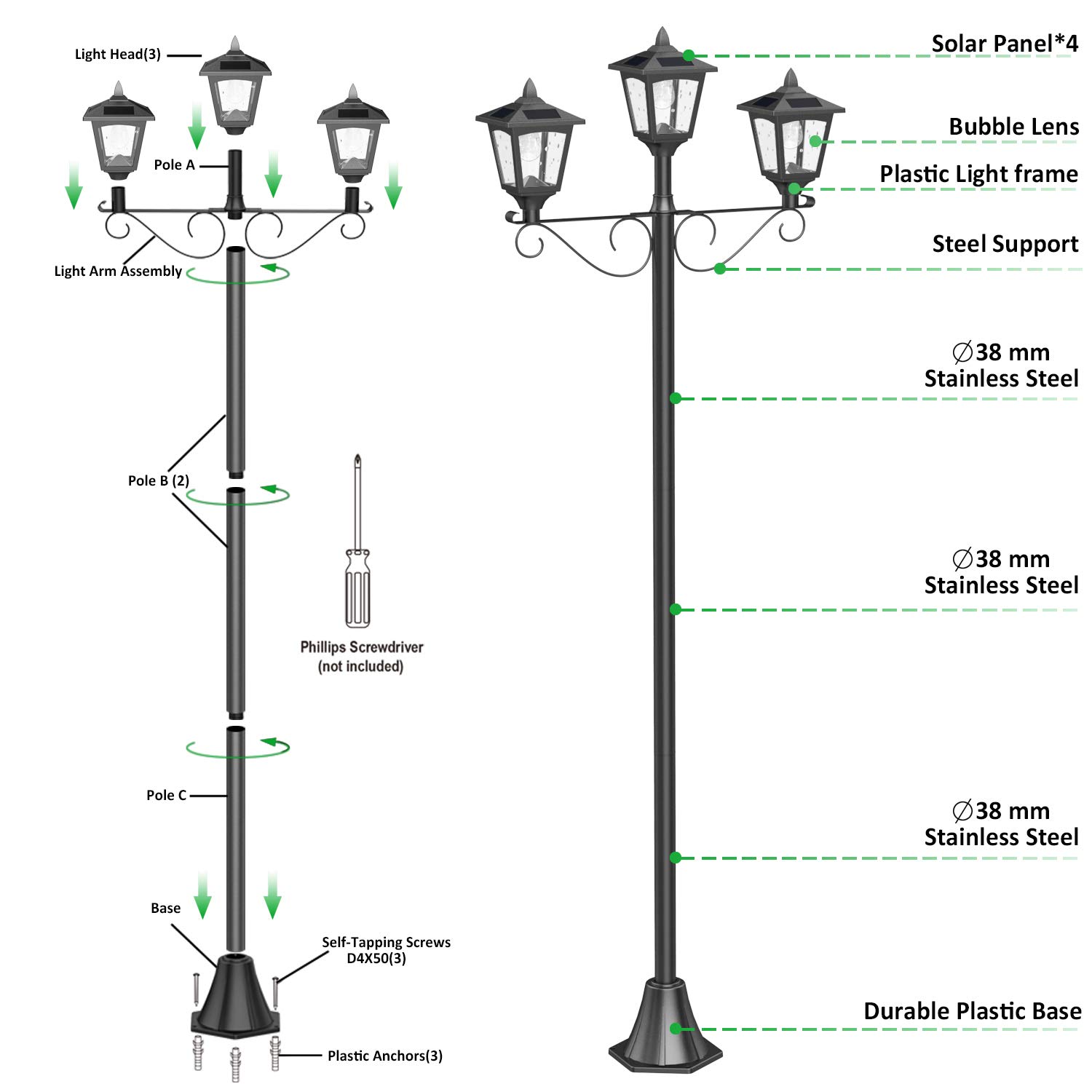 Buy Upgrade Outdoor Solar Lamp Post Lights, TripleHead Solar Lamp