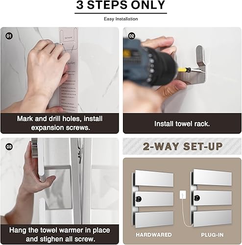 Miniatura 5 de K&KALONZO Calentador de toallas eléctrico, 18.35 pulgadas de ancho x 22.8 pulgadas de alto, calentador de toallas de pared con temporizador