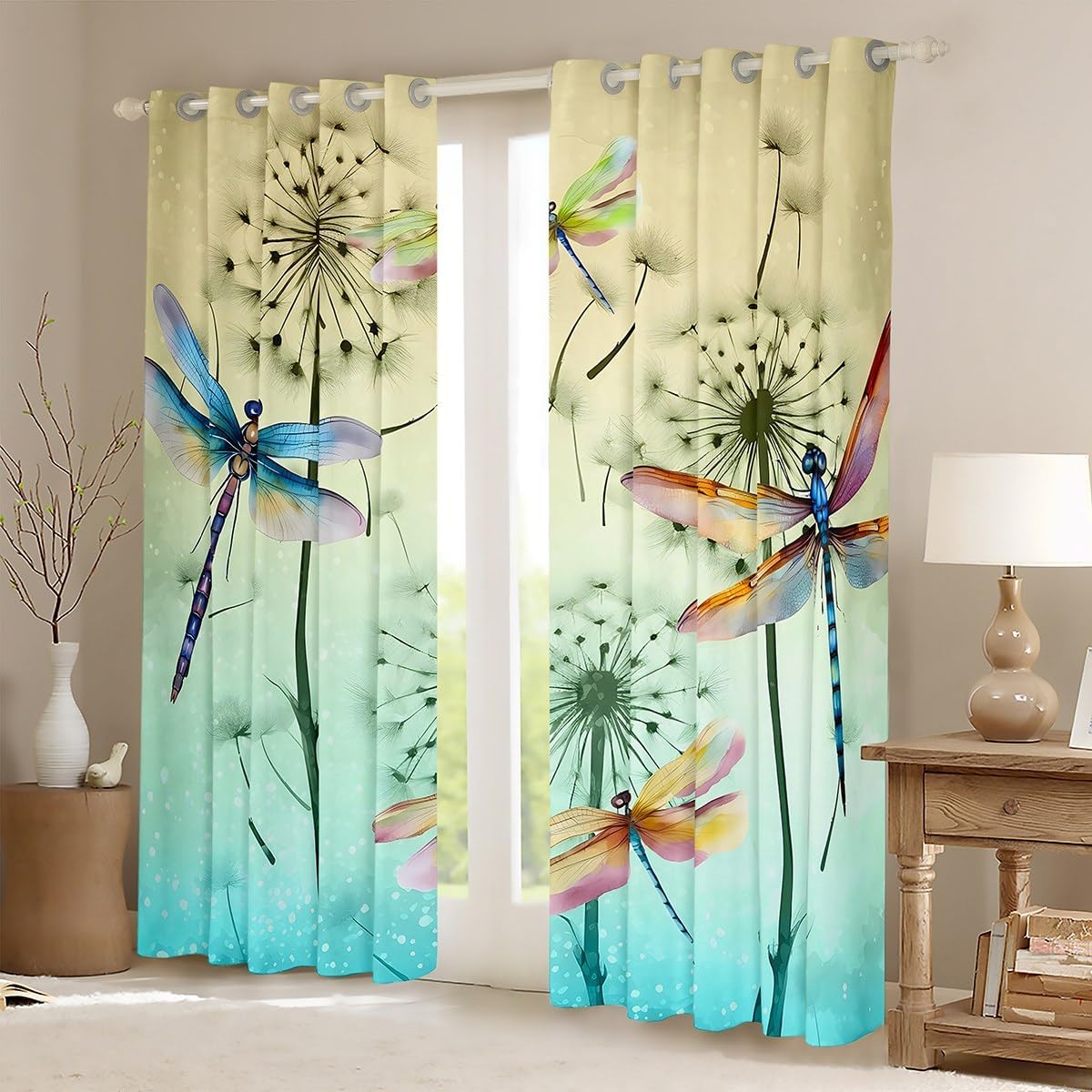 Feelyou Pretty Dragonfly Curtains Boys Girls Dandelion Window Curtains for Bedroom Living Room for Kids Soft Teal Window Drapes Nutrue Window Treatments Room Decor Bedclothes 52W X 84L,2 Panels
