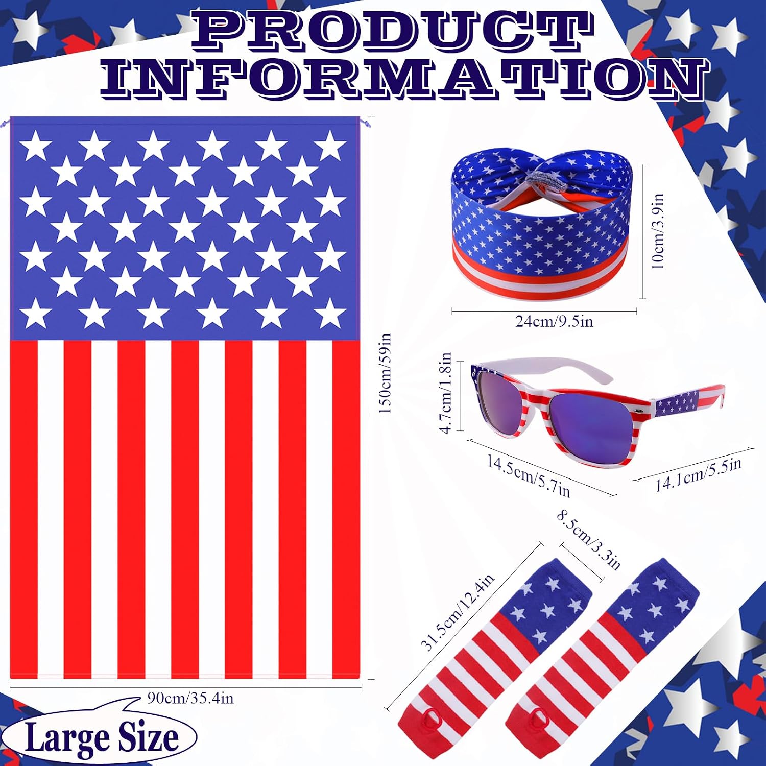 American Flag Costume Set – 4 PCS Patriotic 4th of July Outfit with USA Cape, Headband, Blue Lens Sunglasses & Sleeve