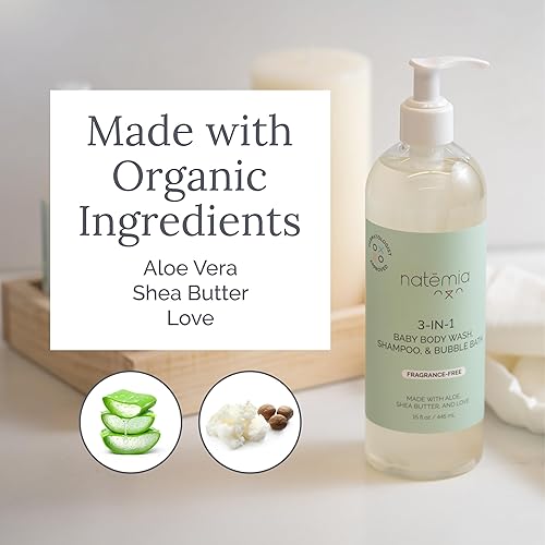 Miniatura 3 de Natemia Champú para bebés 3 en 1 sin lágrimas, gel de baño corporal y baño de burbujas aprobado por dermatólogos, fabricado con manteca de karité y