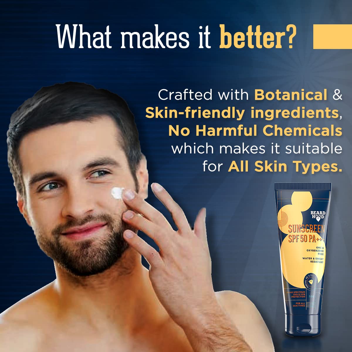 Beardhood SPF 50 PA+++ Sunscreen For Men | Non Greasy, Water & Sweat Resistant | OMC & Oxybenzone Free | Suitable for all Skin Types, 50g