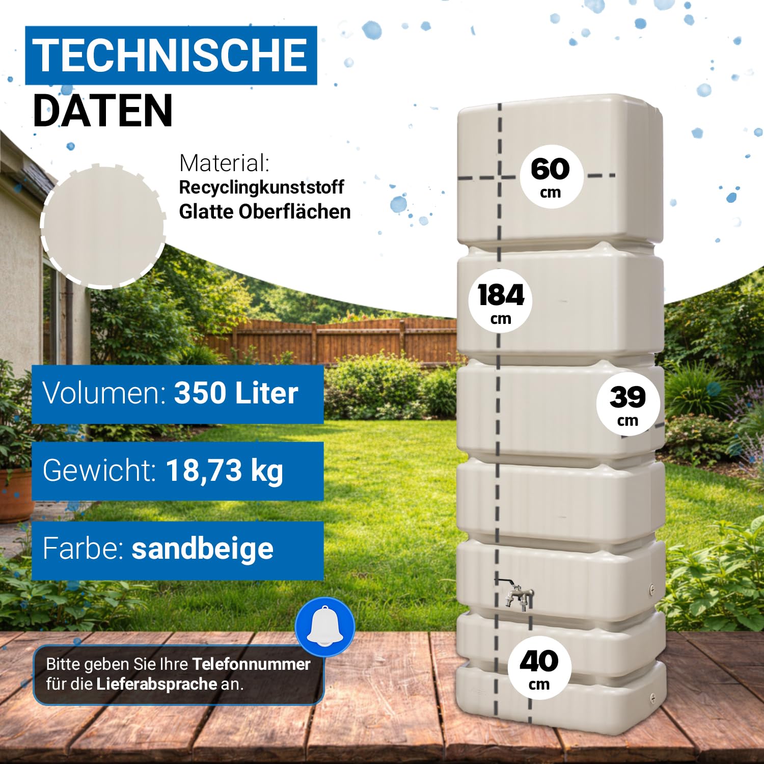 4rain Slim Regentonne Wandtank Komplett-Set 350 Liter sandbeige