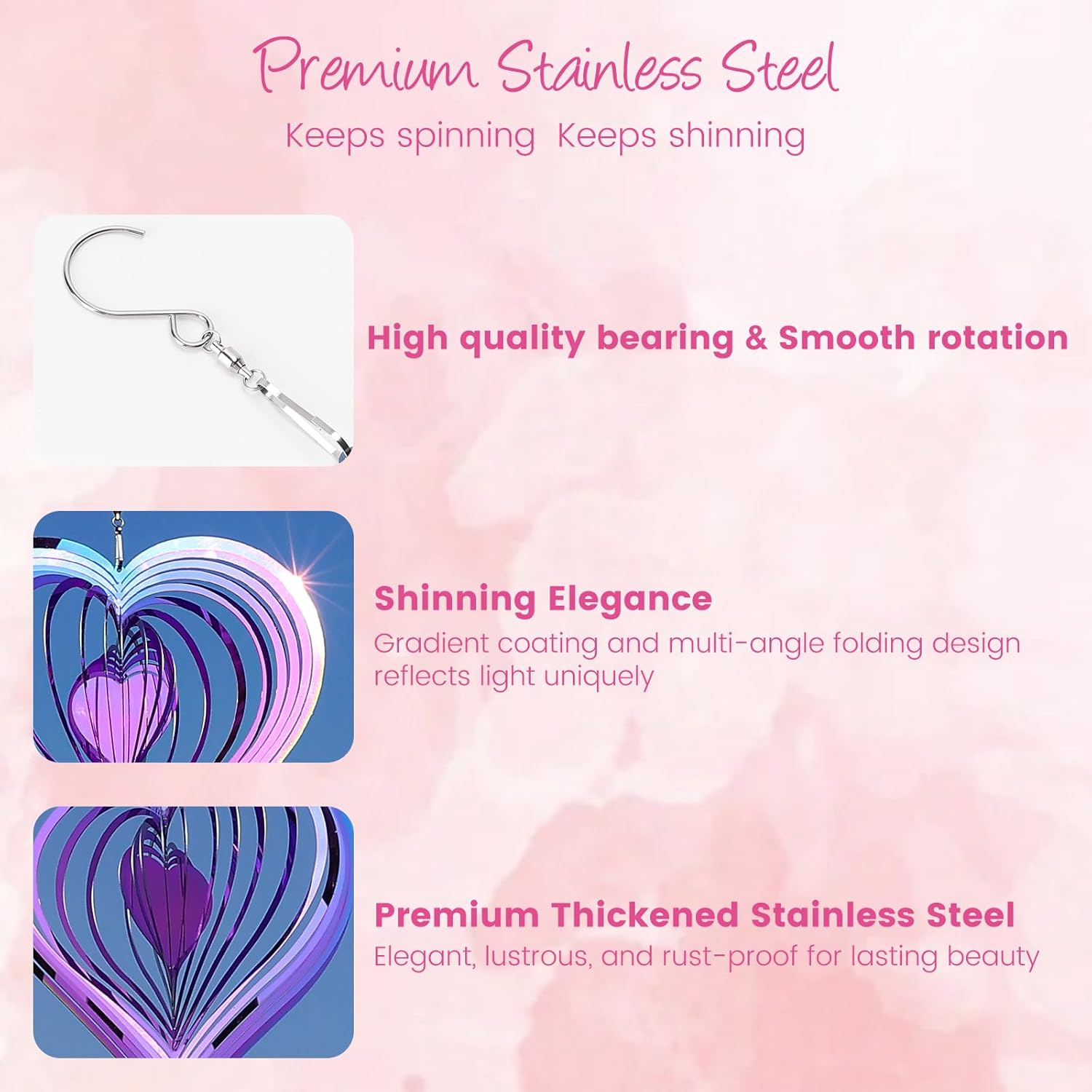 Wind Spinners Outdoor, Hanging Wind Spinners, Gradient Rainbow Color, Stainless Steel Metal, for Garden, Yard Décor, Outside, Gifts for Women Mom Wife, 18 inches 3D Hearts String