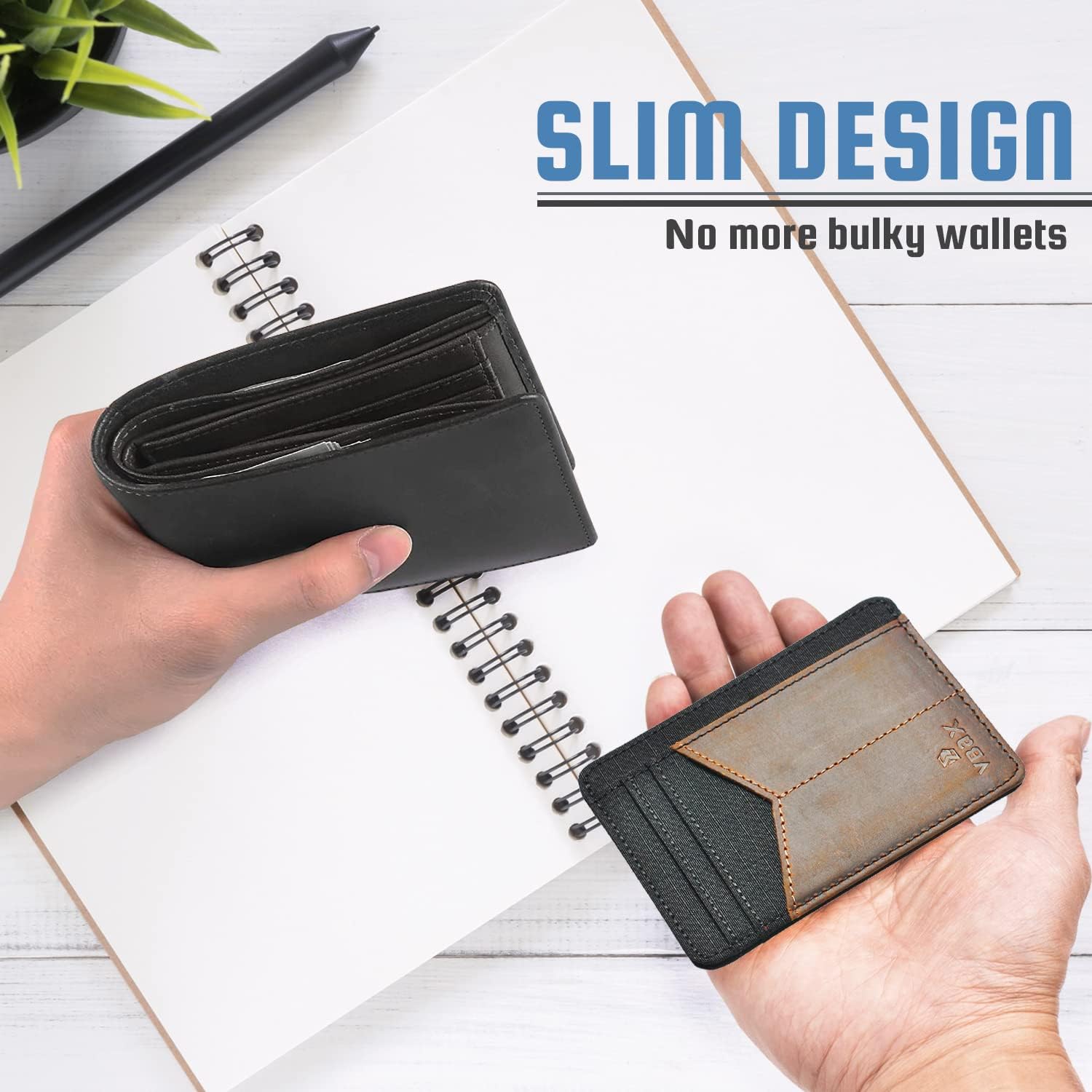 RFID Slim Wallet for Men Women, 8 Card Slot Leather Minimalist Front Pocket Credit Card Holders Black Vintage Leather - Image 3