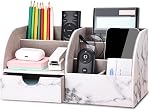 KINGFOM Pu Leather Desk Organizer Pen Pencil Holder Office Supplies Caddy Storage Box 6 Compartments with Drawer Brown (Half Pu)
