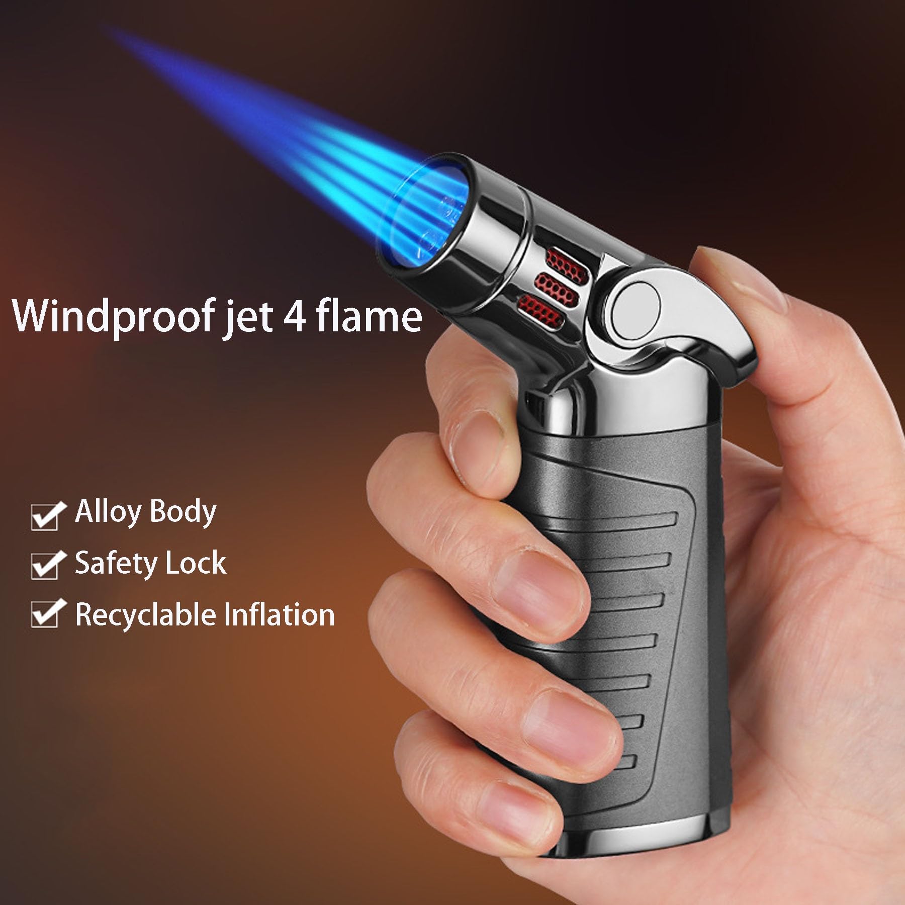 Encendedor de antorcha, resistente al viento, recargable, con llama ajustable, bloqueo de seguridad para barbacoas, velas, camping y uso al aire libre