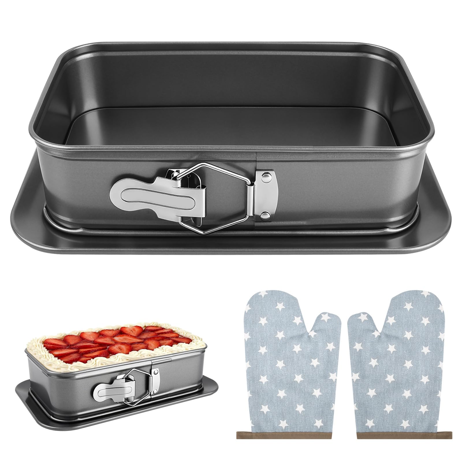 Rechteckige Springform Backform 28x18 cm mit Antihaft-Beschichtung - Inklusive 2 Backhandschuhe - Auslaufsicher und Leicht zu Reinigen - Ideal für Käsekuchen, Tiramisu und Heimbacken