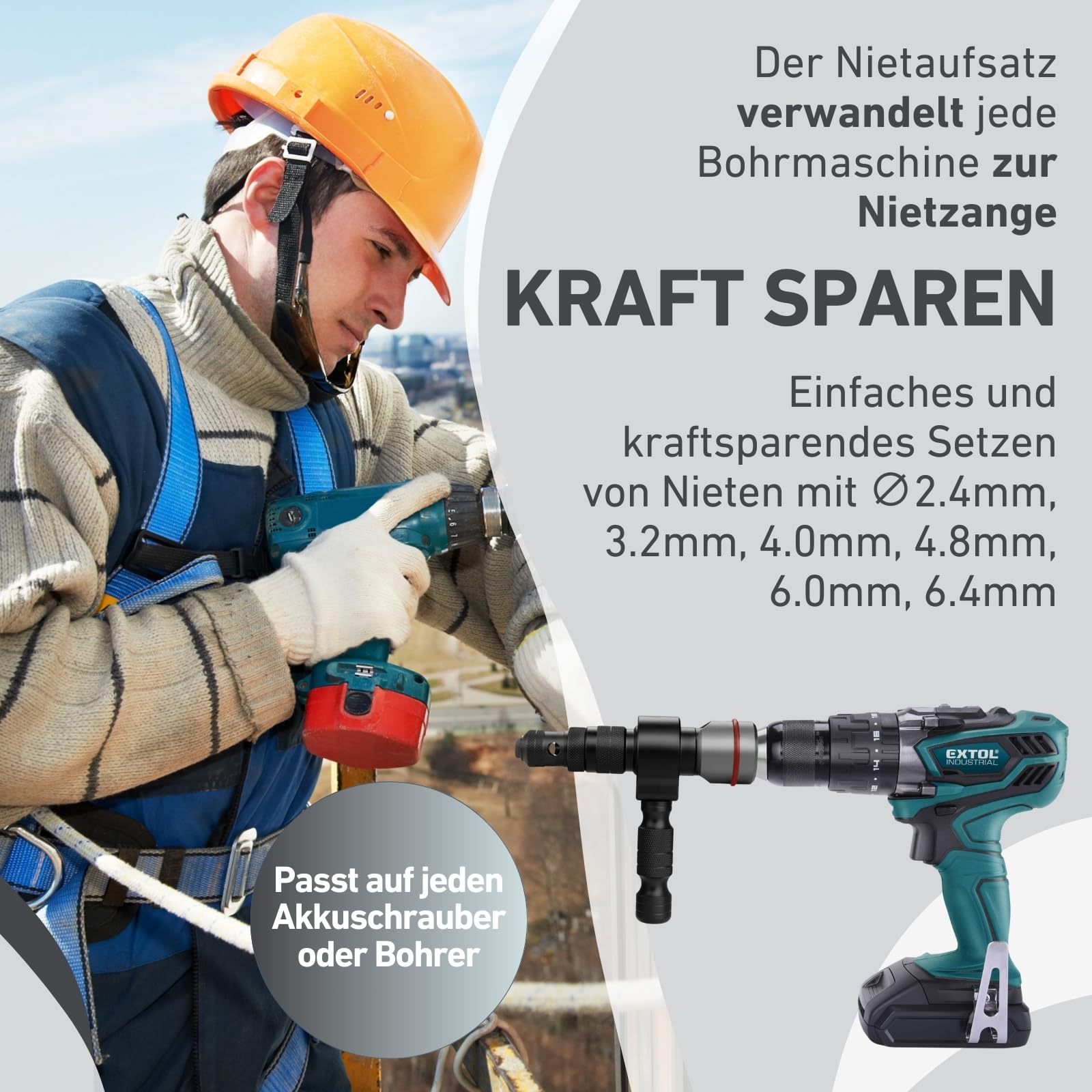 Nietaufsatz für Akkuschrauber & Bohrmaschine I Nietgerät für Blindnieten aus Alu, Kupfer, Stahl & Edelstahl I Blindnietvorsatz für 2,4-6,4 mm Nieten I Nietpistole Adapter