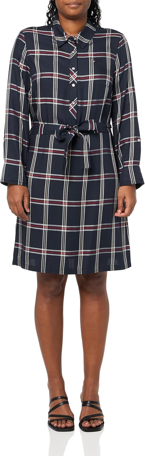 Tommy Hilfiger Womens Ashbury Plaid Tie Waist Button Front Dress