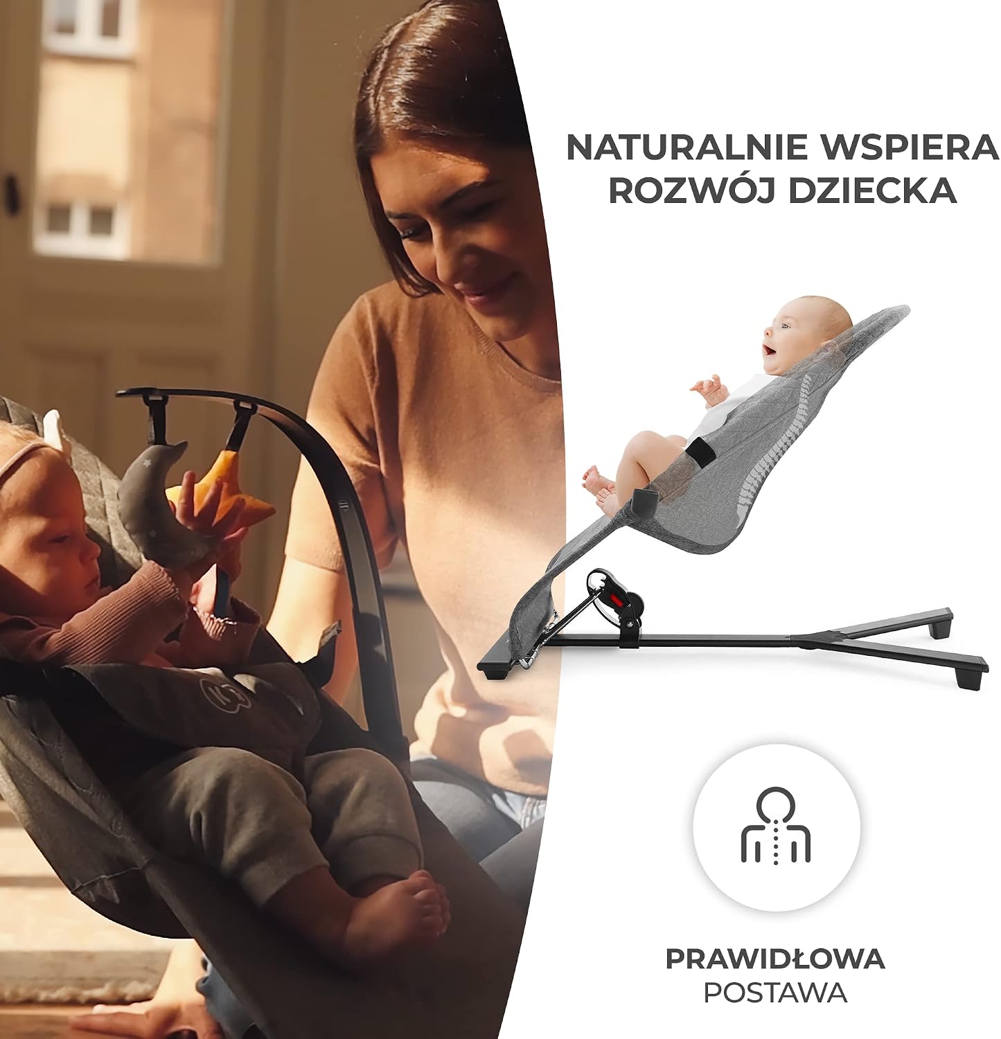 Kinderkraft Лежак MIMI Качалка Дуга с игрушками Естественное покачивание Компактный в сложенном виде Ремни безопасности Серый