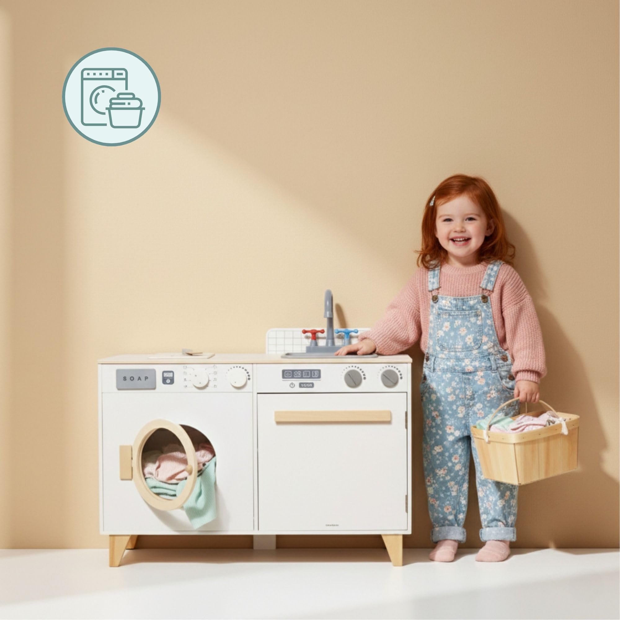 Mamabrum Holz Kinderküche & Waschmaschine – 2 in 1 Set mit Spüle, Waschmaschine und Zubehör für kreatives Rollenspiel