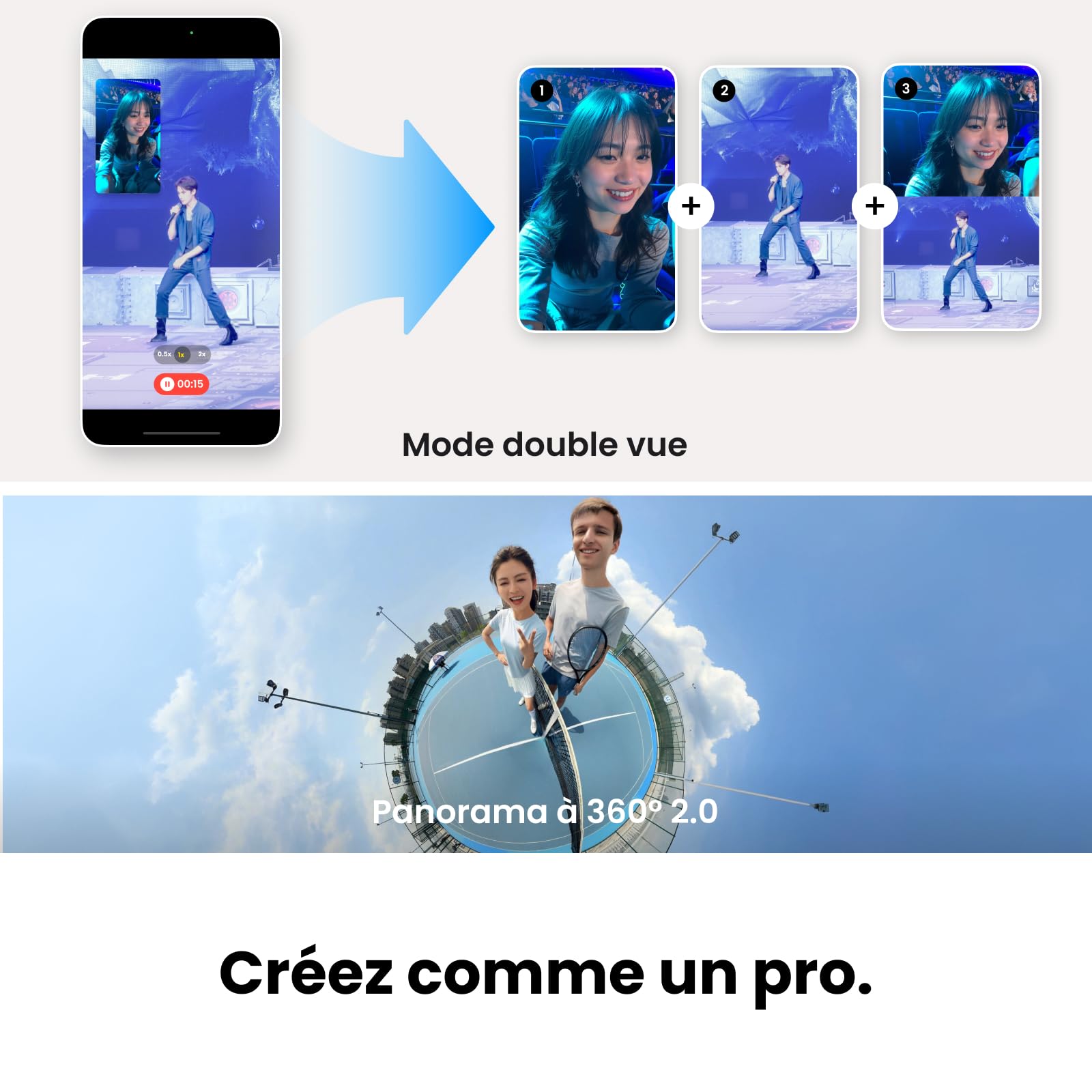 Insta360 Flow 2 Pro Gris - Stabilisateur Smartphone IA avec Suivi natif iPhone, Android, Gimbal avec Suivi à 360°, trépied et Perche à Selfie intégrés, léger et Portable pour vlog et Voyage