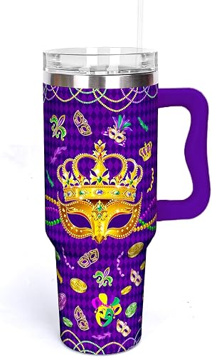 Whaline 40 Oz Mardi Gras Tumbler with Handle Straw and Lid Purple Plaid Mask Carnival Travel Tumbler Coffee Cup for Women Friend Holiday Birthday