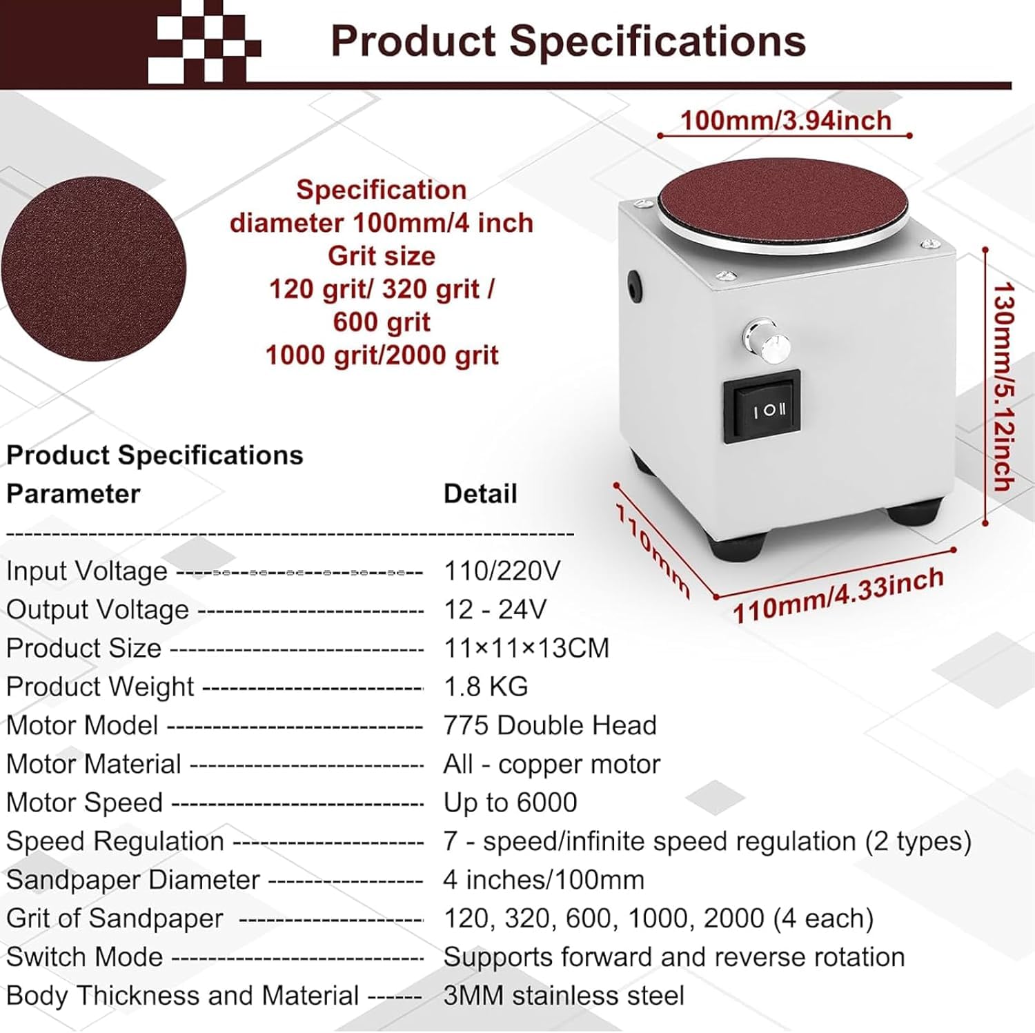 4 Mini Levigatrici A Disco - Levigatrice Elettrica da Banco Compatta con Controllo Continuo della velocità (3000-6000 Giri/min) per Lucidatura, Taglio E Sbavatura di Legno, Metallo E Pietra -