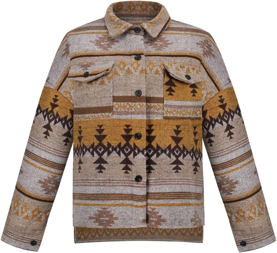 Women's Vintage Aztec Print Pattern Loose Shacket Button Down Long Sleeve Woolen Jacket Shirts Coat