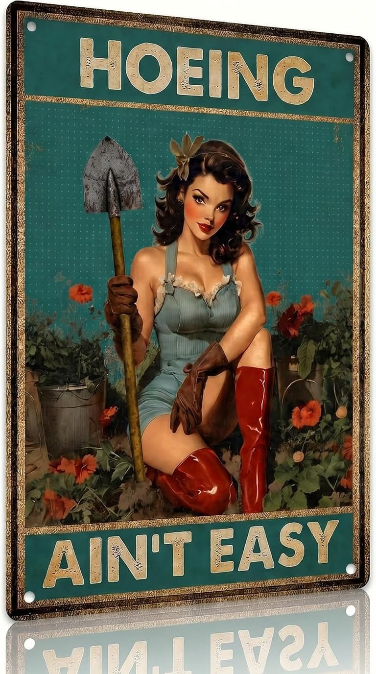 BHOKEM Vintage Garden Sign Hoeing Ain't Easy Tin Sign 8X12inch