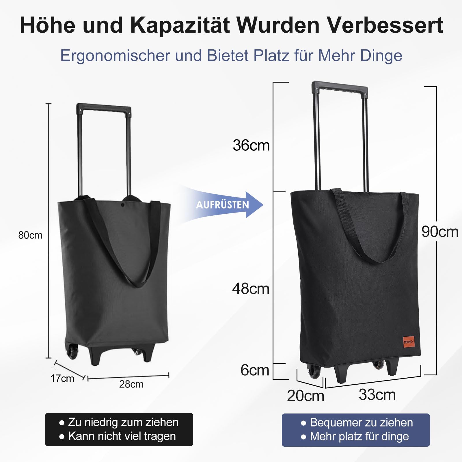 MOONCY 2-in-1 Einkaufstrolley, 30L Große Einkaufstasche auf Rollen, Leichter Einkaufswagen Klappbar für Camping und Reisen, Inklusive Einkaufswagenlöser, Schwarz