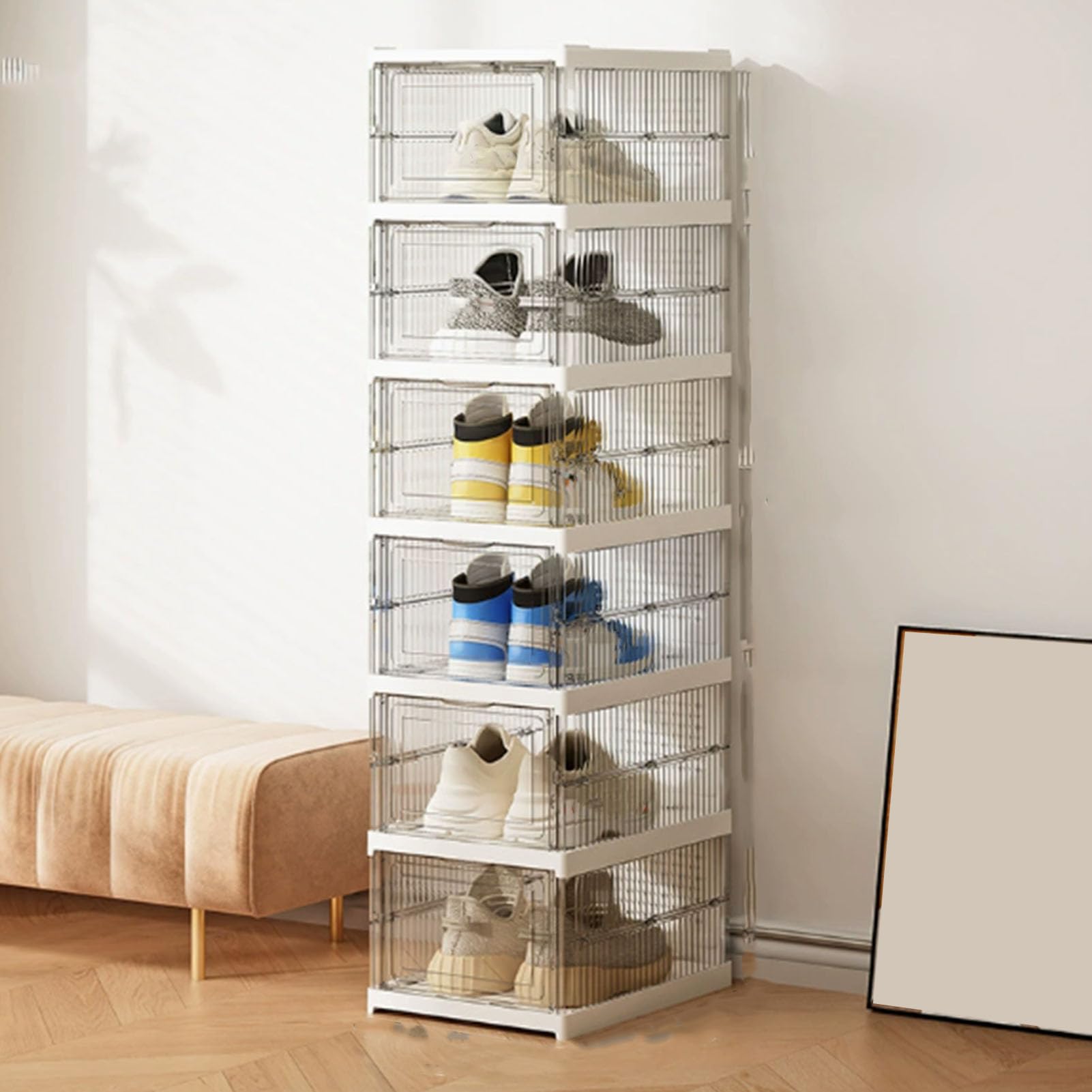 Sonew Caja de Almacenamiento de Zapatos Transparente de Plástico Resistente Paquete de 4 Unidades Apilables y Plegables con Tapa Ideal para Armario Guardar Zapatillas Botas y Calzado