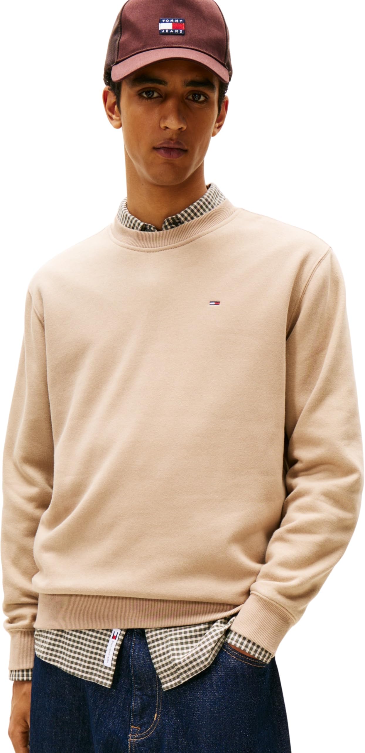 Tommy Jeans Men’s Round Neck Regular Fit Flag Fleece Sweatshirt, Beige (Coastal Taupe), S