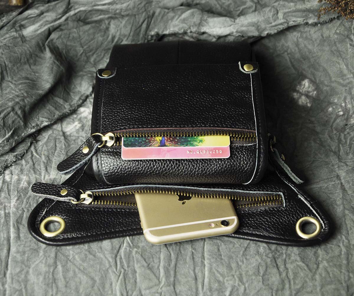 Le'aokuu Herren Echtes Leder Tasche Hüfttasche Beinbeutel Kleines Haken Tasche Messenger Bag 211-4 (211-4 czarny)