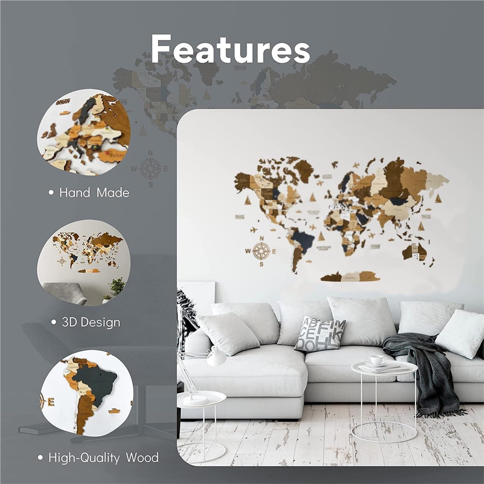 Mapa decorativo para pared en 3D, mapa del mundo de madera acrílica extragrande con 200 chinchetas de bandera, obra de arte moderna creativa para el hogar y la oficina