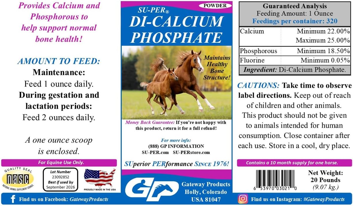 SU-PER Di-Calcium Phosphate Horse Minerals – Calcium & Phosphorus Support for Healthy Bone Structure – Powder Horse Feed Supplement t – 20 Pounds, 10 Month Supply