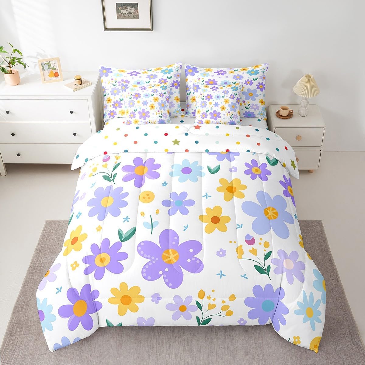 Feelyou Cute Flower 7 Piece Bedding Set Twin Size Kids Cartoon Cute Floral Bed in a Bag for Girls Teens Purple Yellow Comforter Set with Sheets Kawaii Bed Set - Image 5