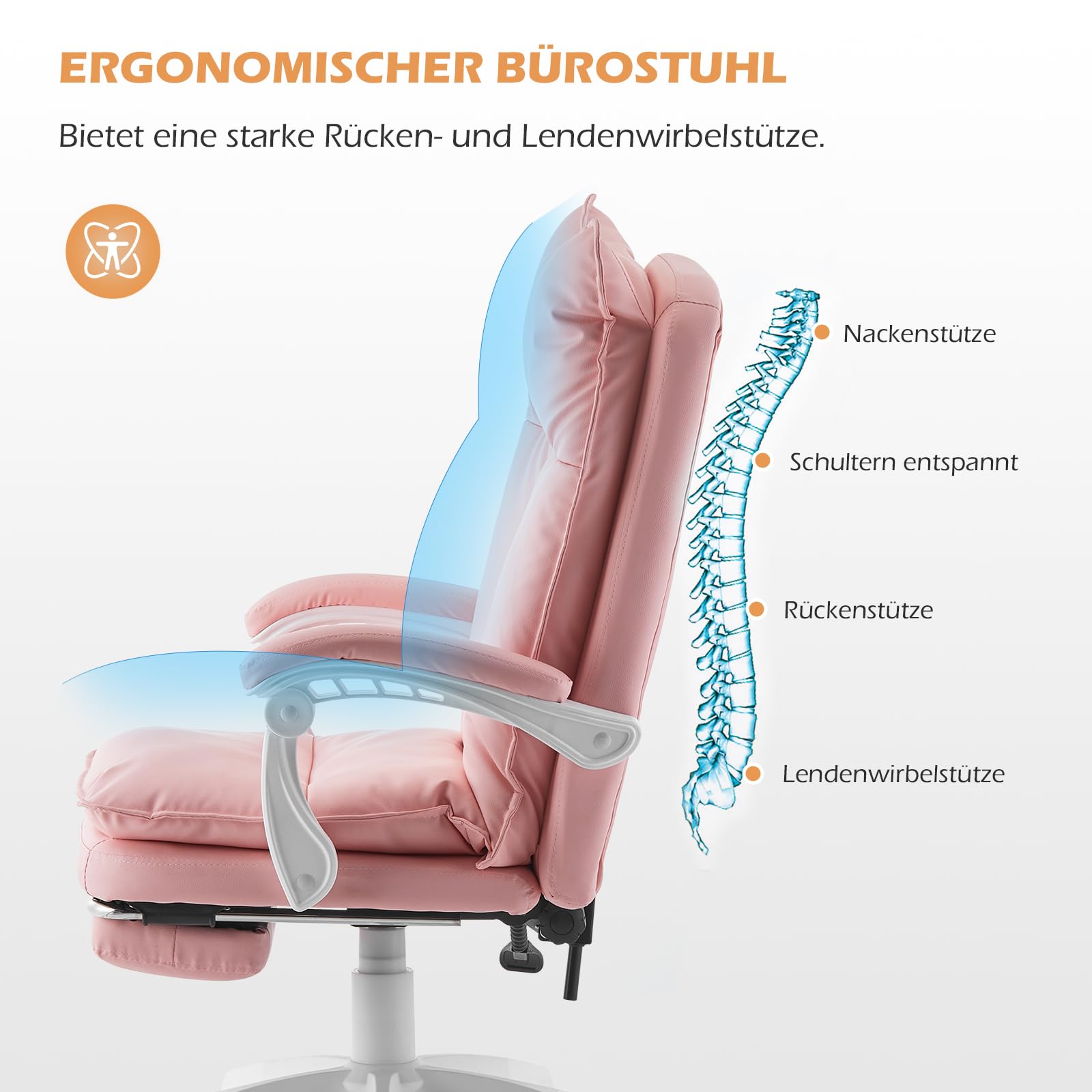 TUKAILAI Bürostuhl Ergonomisch aus Kunstleder, Schreibtischstuhl Drehstuhl Chefsessel Computerstuhl mit Verstellbarer Hoher,Rückenlehne,Gepolsterte Armlehne, Fußstütze,Höhenverstellbarer, Rosa