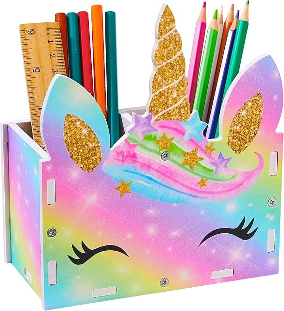 Basumee Pencil Holder for Desk Kids Unicorn Pen Holder Makeup Brush Pot Desk Tidy Home Office Use Desk Organizer 2 Slots,Yellow Purple Unicorn