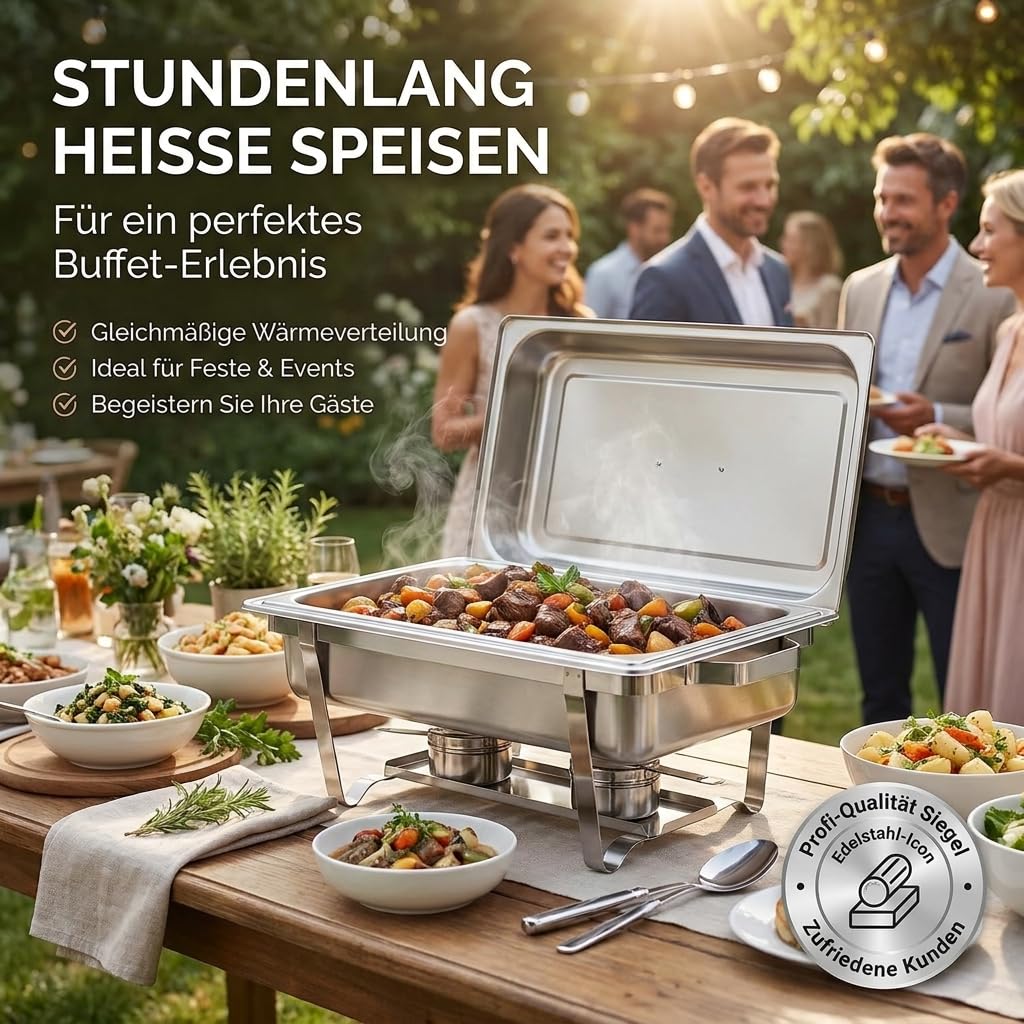 Warmhaltebehälter für Essen GN 1/1, Chafing Dish Edelstahl 9 L, Rechaud | Großer Buffetwärmer mit GN-1/1-Behälter & Deckel, Speisenwärmer mit Wasserbad, für Grillgut, Buffet, Catering & Events
