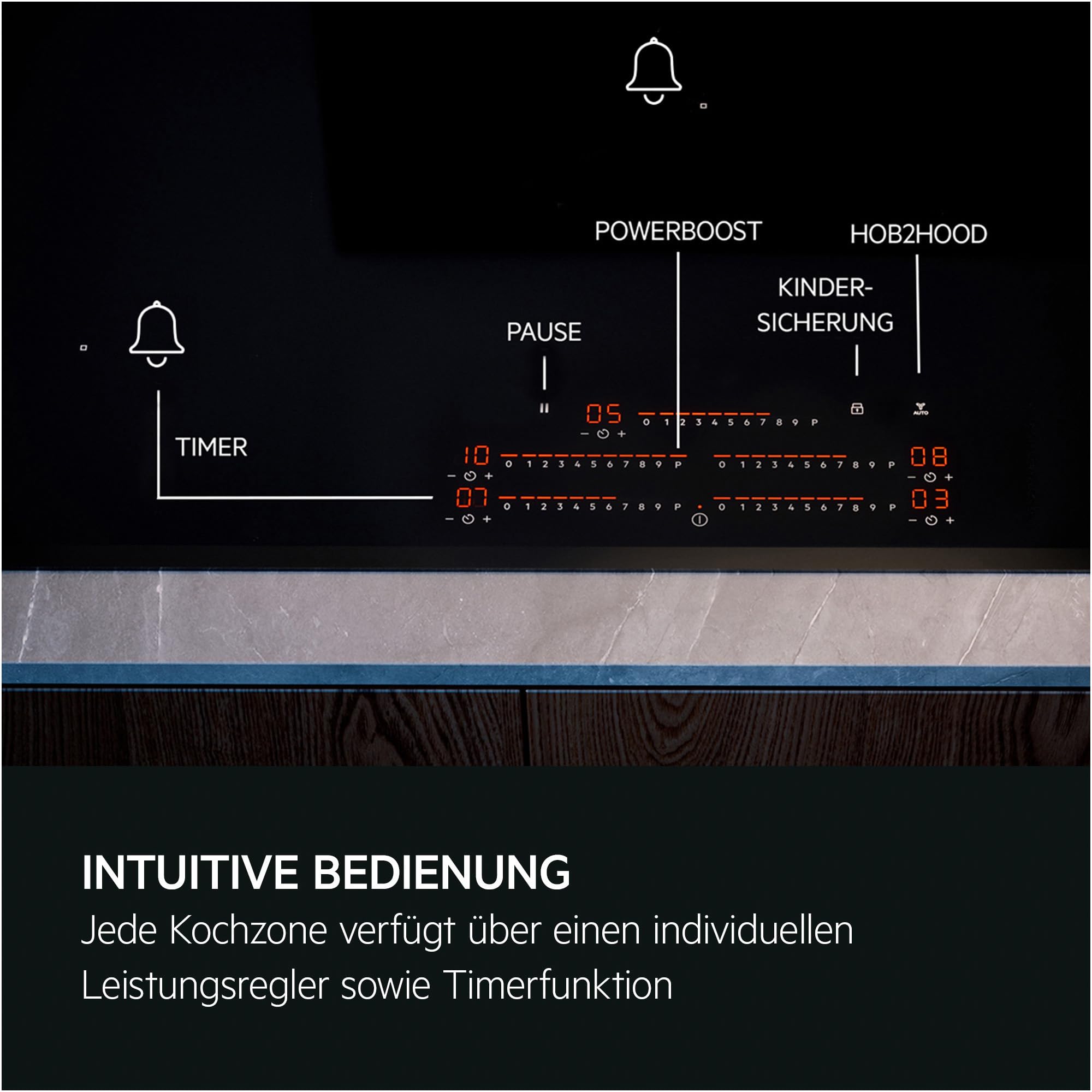 AEG Induktionskochfeld autark 80cm, Made in Germany, 5 Flex-Zonen mit Kratzresistenter SaphirMatt-Oberfläche, Powerfunktion, 2x Bridge-Kombination 2er Zonen, Slider, Hob²Hood, rahmenlos, TK85IM0FSZ