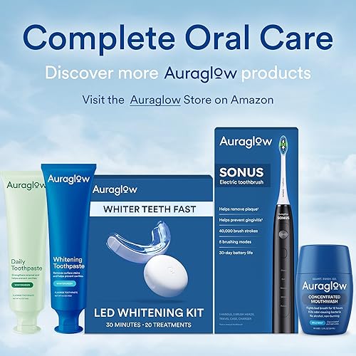 Miniatura 7 de Kit de blanqueamiento dental Auraglow, luz aceleradora LED con cable, gel blanqueador dental al 35% de peróxido de carbamida, 12 tratamientos